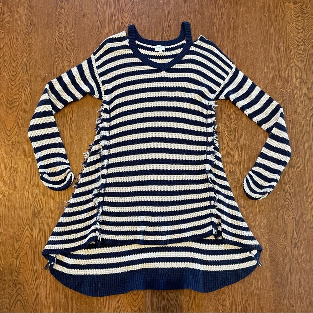 HAYDEN Navy & Gray Hi Lo Striped Long Sweater w/Cold Shoulder Detail Size L